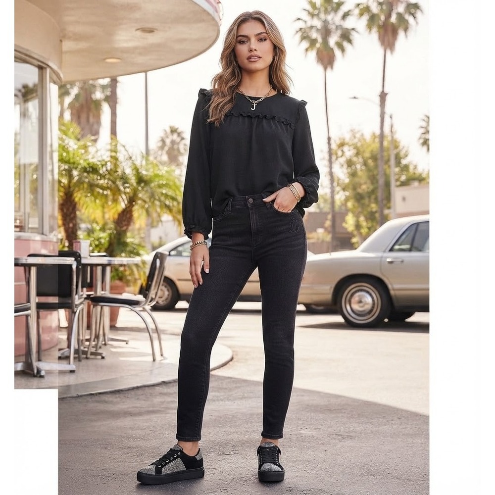 Juicy Couture Women’s XL Black Ruffle Peasant Blouse Boho Y2K Romantic